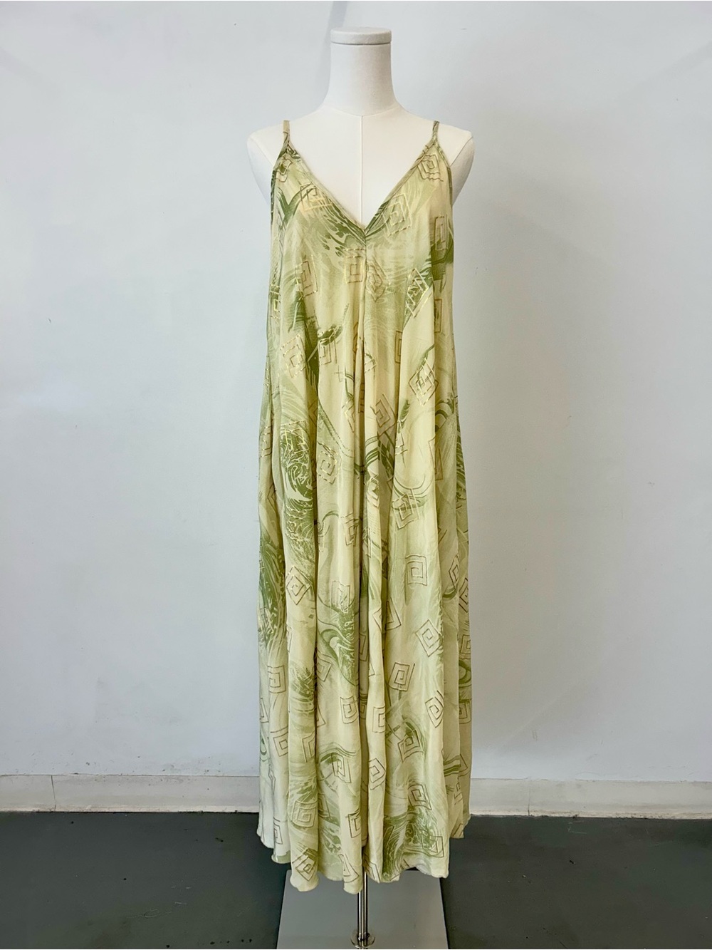 Light Green Printed V-Neck Maxi Slip Dress